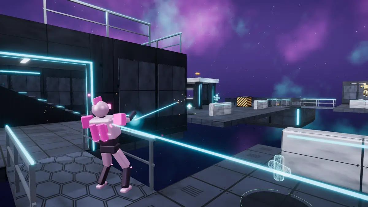 A pink robot firing a rail beam across the floating platforms of Apogee, above an open void