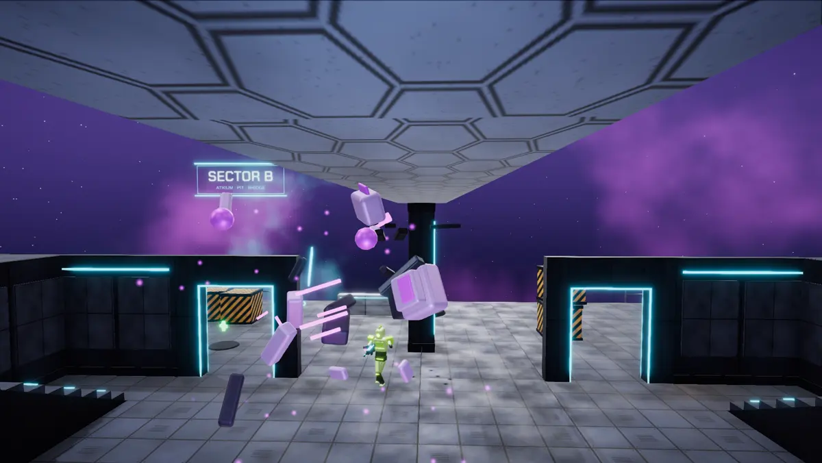 A robot breaking apart under the Sector B overhang of the Relay space station, purple nebula behind