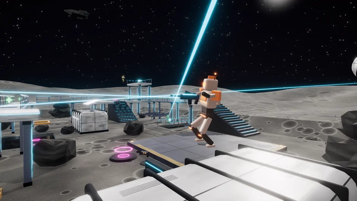 An orange robot firing across the cratered lunar surface and gantries of the Selene outpost
